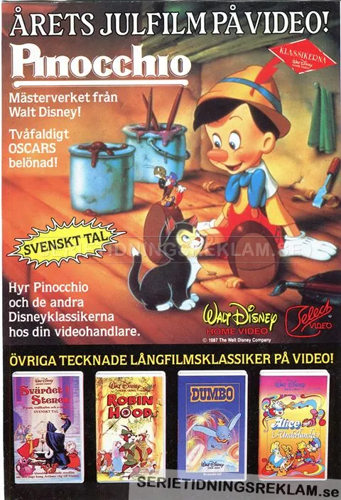 Reklam för filmen Pinocchio som nu släpps på video
