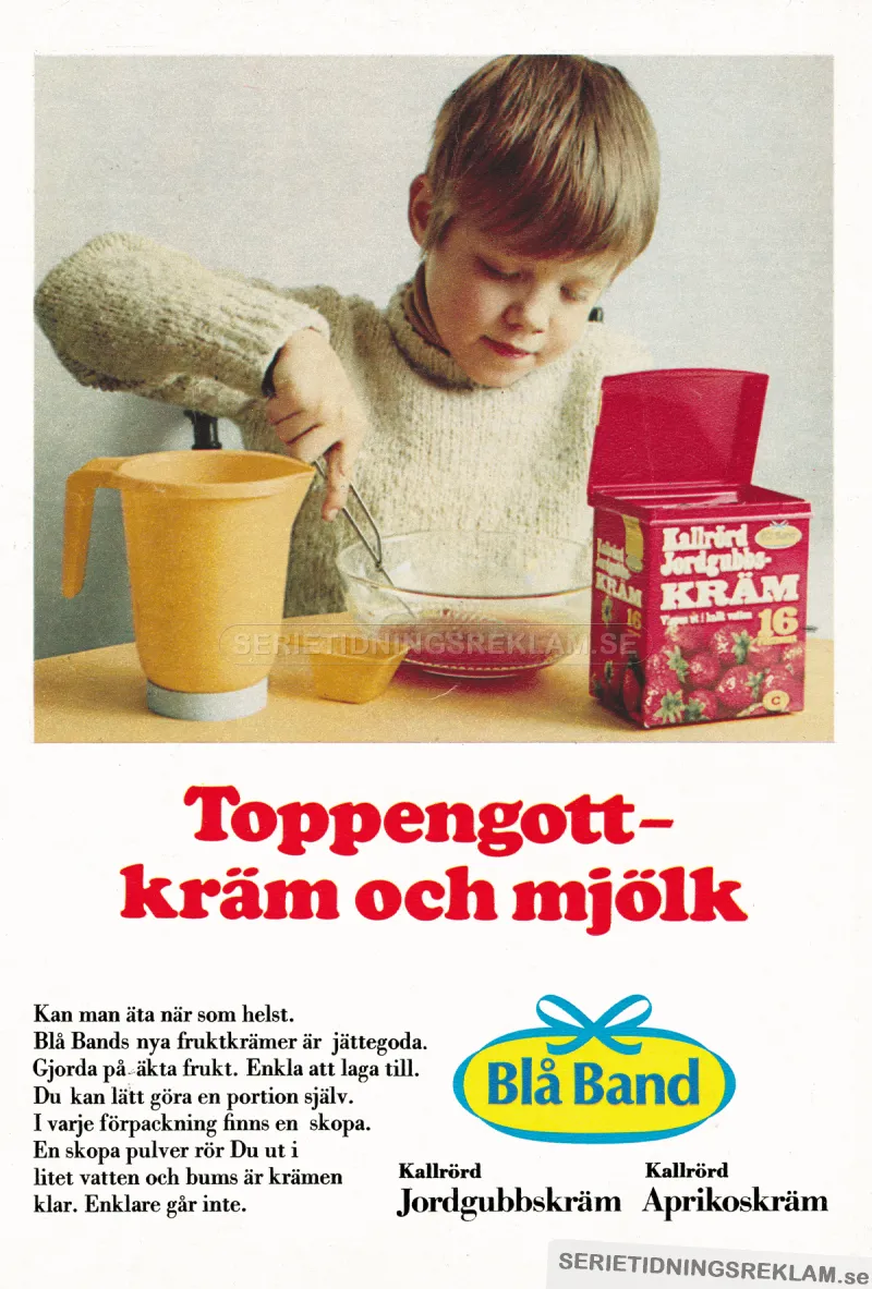 Annons för kräm från Blå Band, med en liten pojke som häller upp kräm i en tallrik