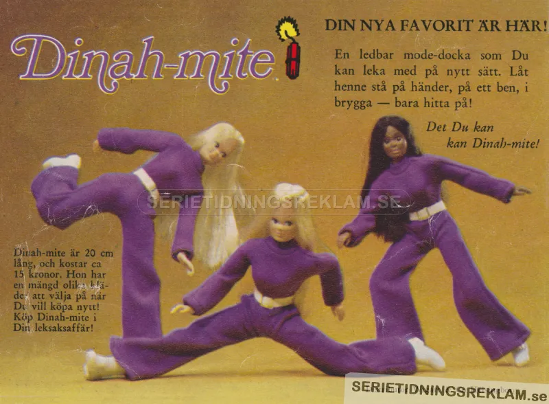 Reklam för dockan Dinah-mite som lyfts fram som mer flexibel och ledbar än konkurrenters dockor