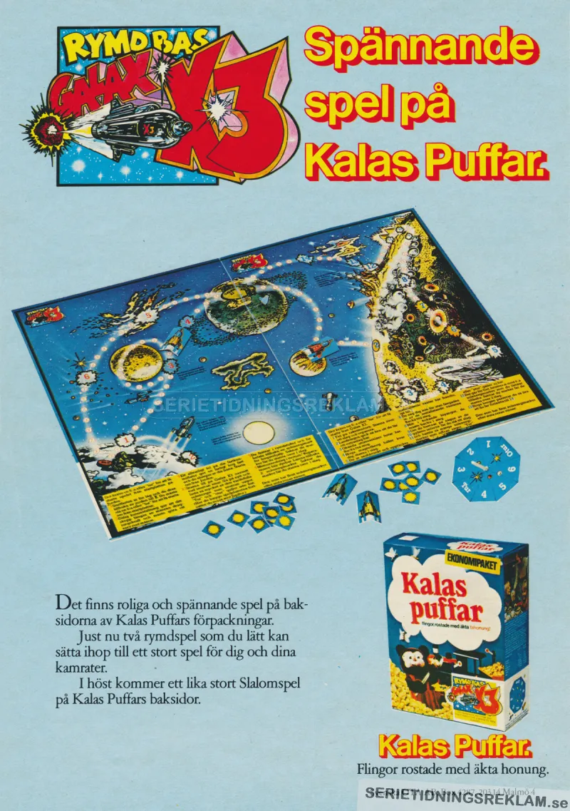 Reklam för frukostflingorna Kalas puffar där man kan få ett brädspel som heter Rymdbas Galaxy X3