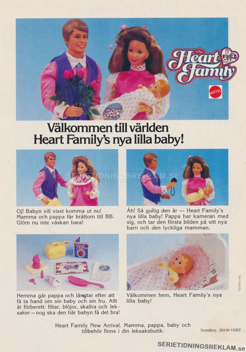 Reklam för dockfamiljen The Heart Family som får tillökning genom en liten bebis
