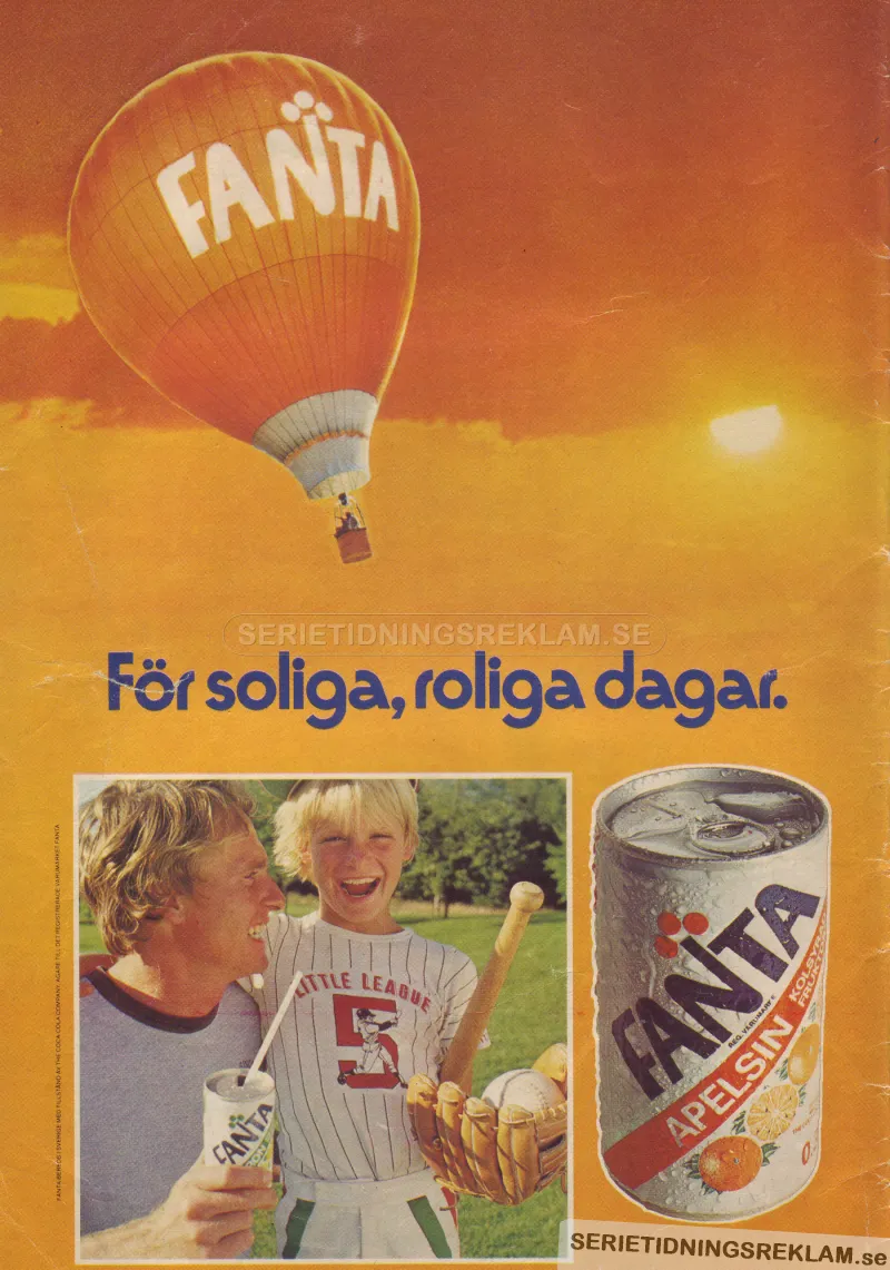 Reklam för läsken Fanta som visar en luftballong med Fantas logotyp samt en man som håller om ett barn som i sin tur har en basebollhandske och boll