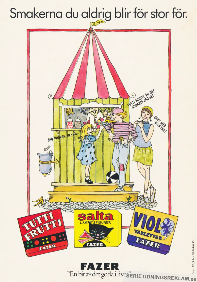 Reklam för tablettaskar från Fazer med en illustration av en kiosk där två personer köper dessa tablettaskar