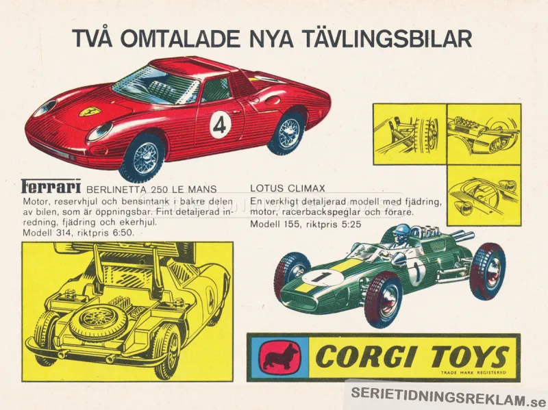 Annons för racerbilar från Corgi Toys