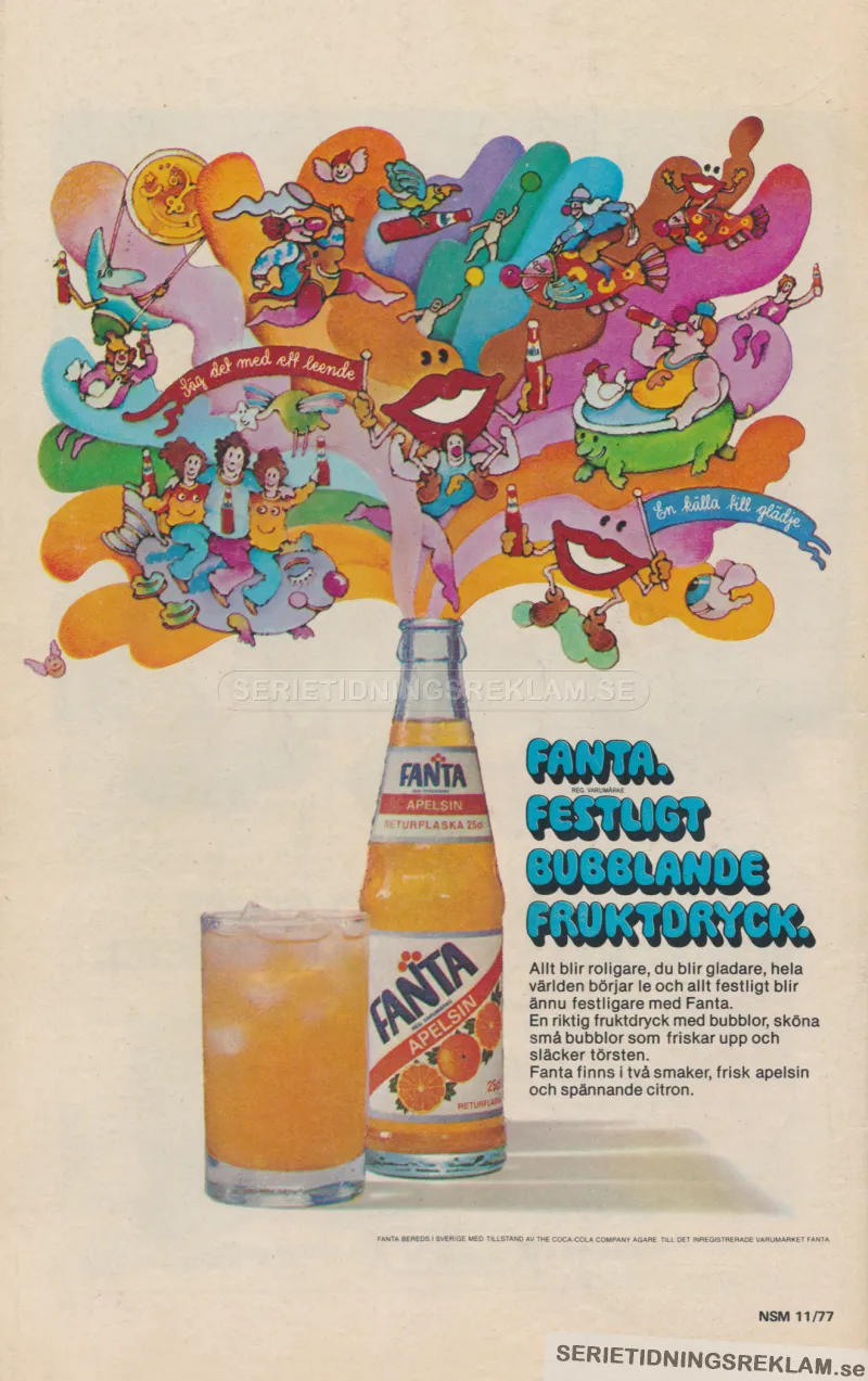 En fantasifull illustration som kommer upp ur en glasflaska full med apelsinläsken Fanta