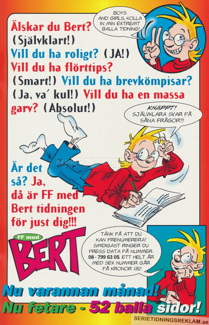 Reklam för serietidningen med figuren Bert i huvudrollen