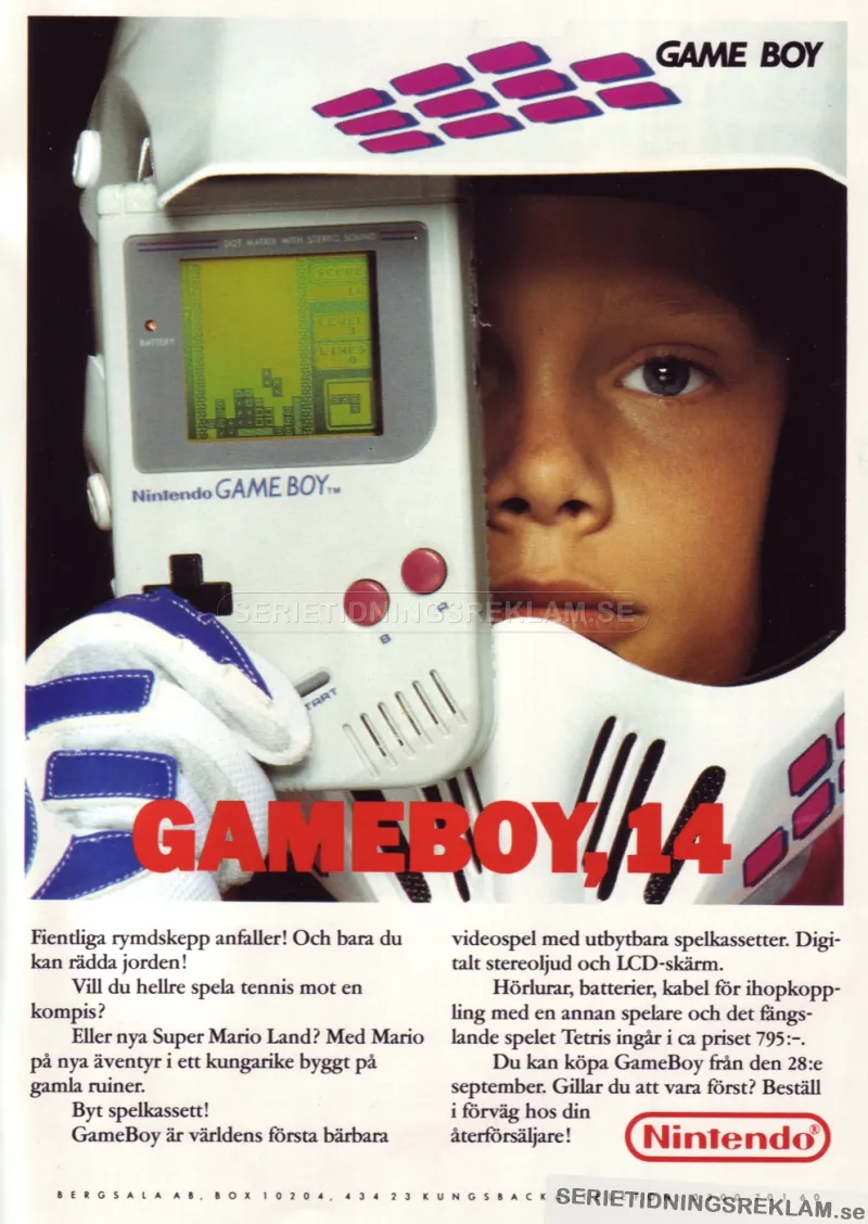 Annons för Nintendos nya bärbara videospel med utbytbara kassetter: GameBoy