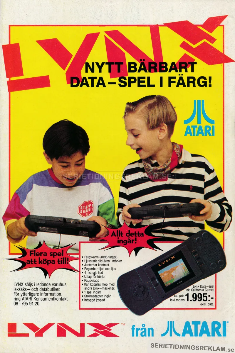 Annons för Ataris spelkonsoll Lynx, med två pojkar som sitter och spelar mot varandra