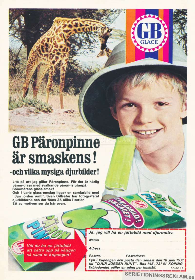 Reklam för GBs glass Päronpinne med en pojke i trofikhjälm som äter glass