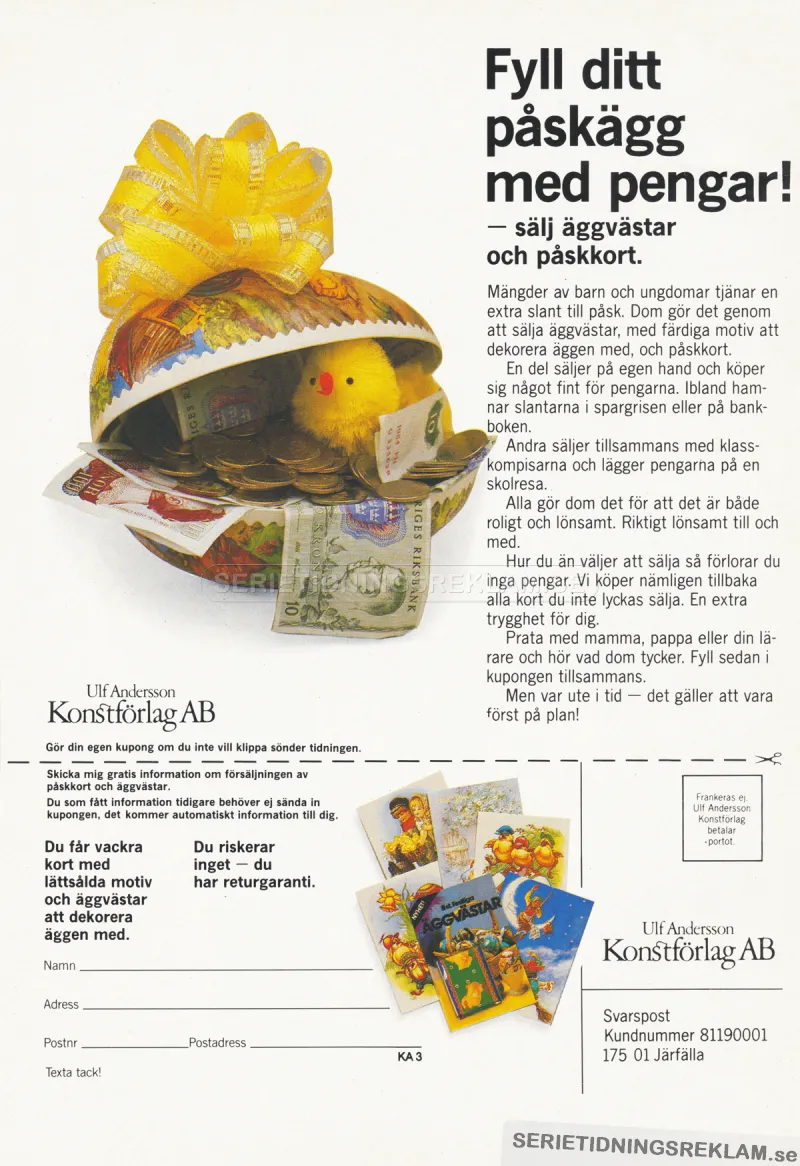 Reklam för Ulf Andersson Konstförlag som säljer påskkort som klasselever kan sälja och tjäna pengar till en klassresa