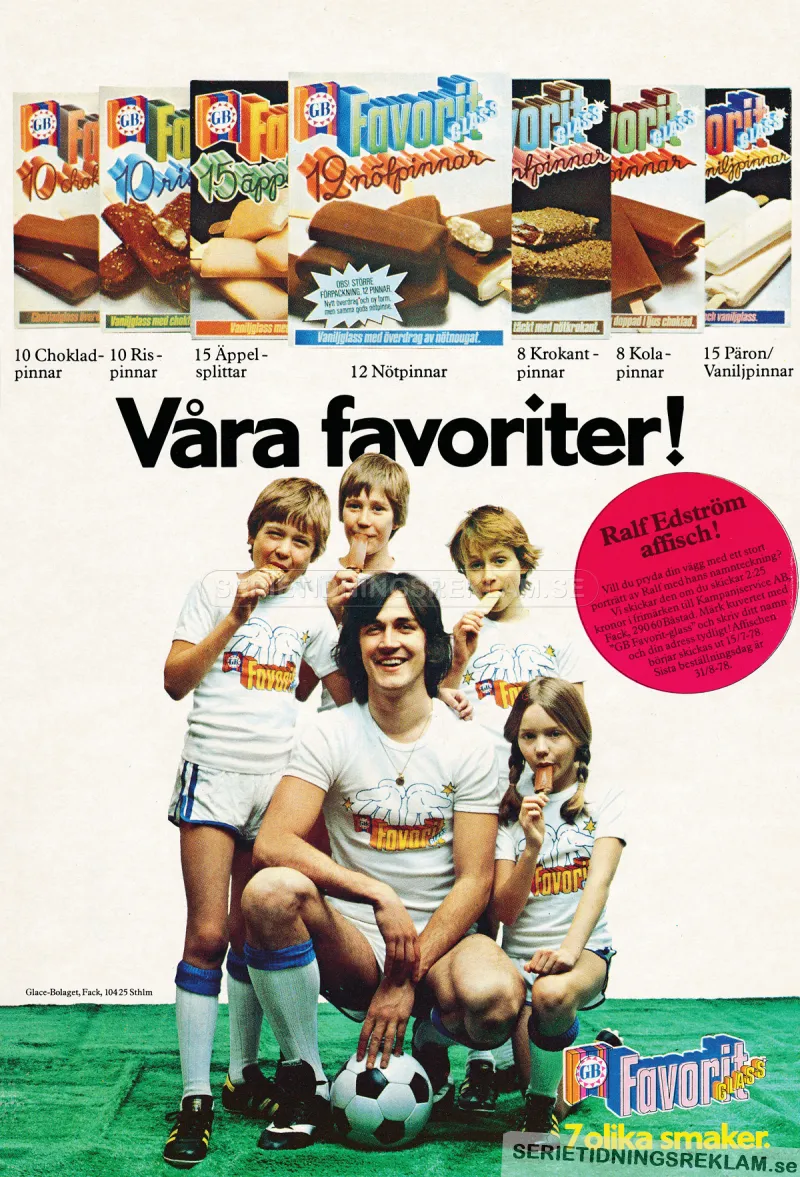 Reklam för GB Glass och deras storförpackningar med pinnglass. I annonsen finns även Ralf Edström