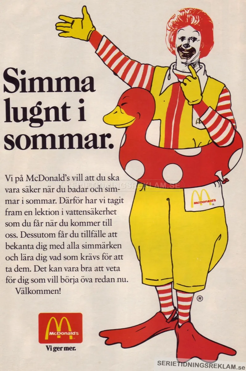 Informationsreklam för McDonalds som upplyser om simvett och simkunskap över sommaren.