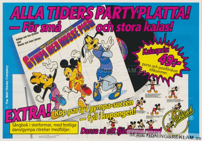 Reklam för LP-skivan Gympa med Musse Pigg