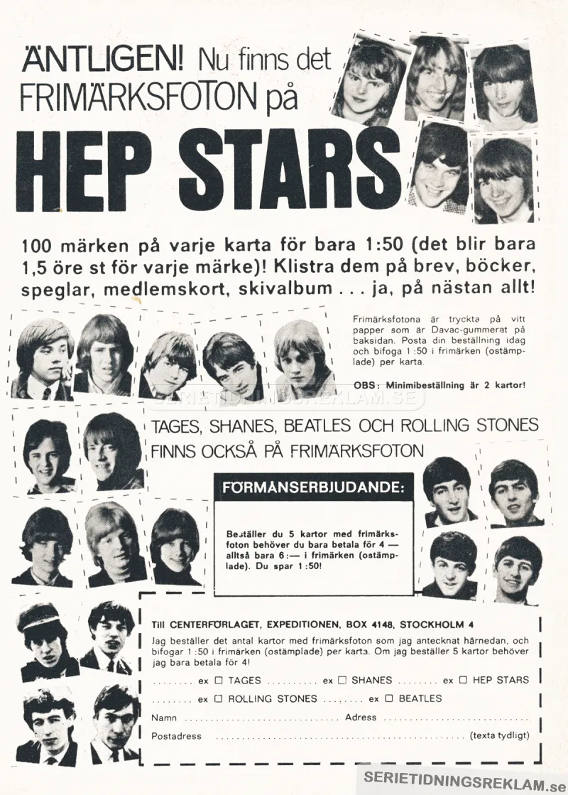 Reklam för frimärksfoton på bland andra Hep stars