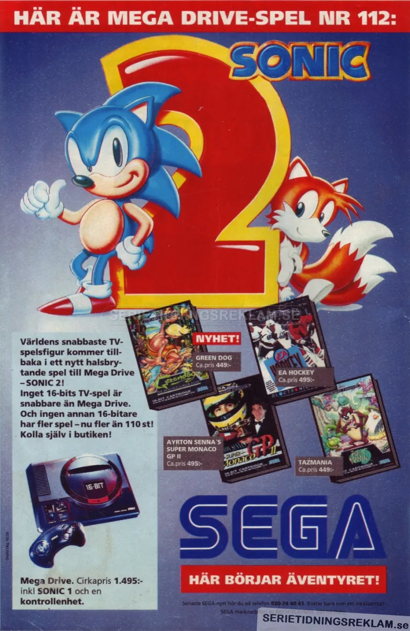 Reklam för konsollspelet Sonic 2, från Sega