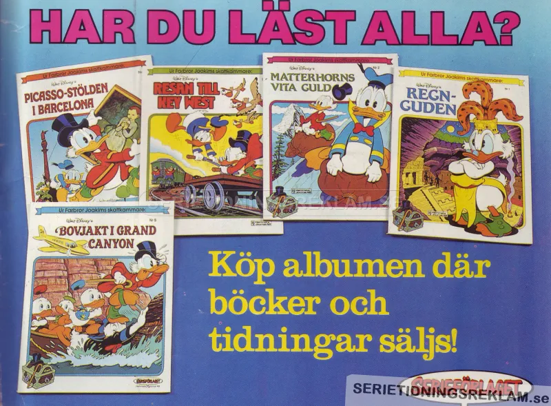Reklam för seriealbumen "Ur Farbror Joakims skattkammare" från Walt Disney