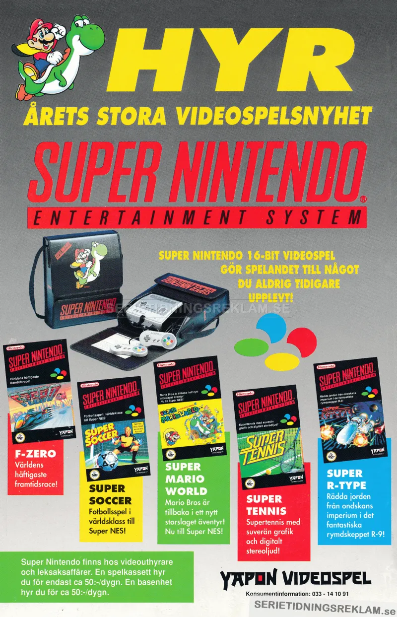 Reklam för nya spelkonsollen Super Nintendo, 16-bitars videospel