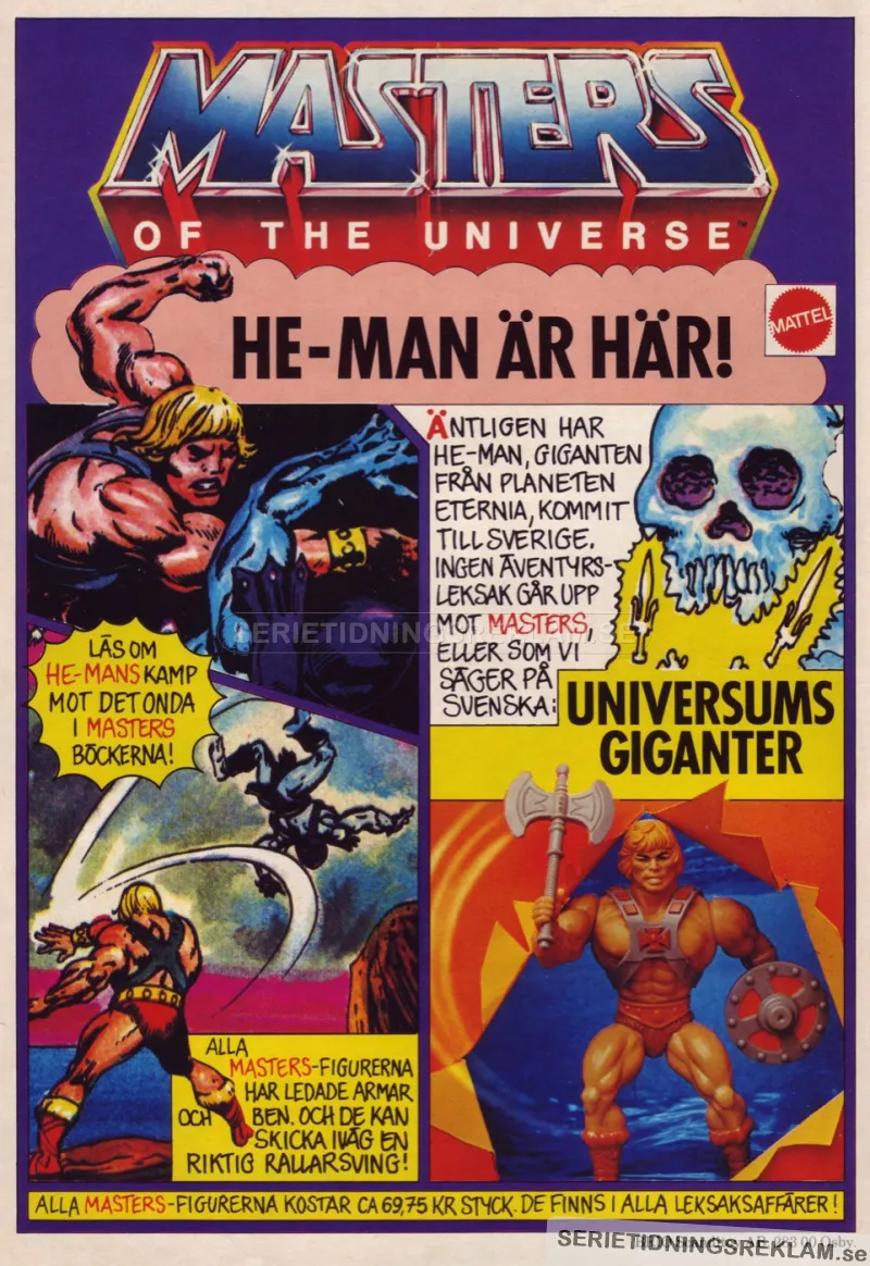 Reklam för de nya leksakerna Master of the Universe, där teckningar av tre av leksaksfugurerna syns i olika situationer