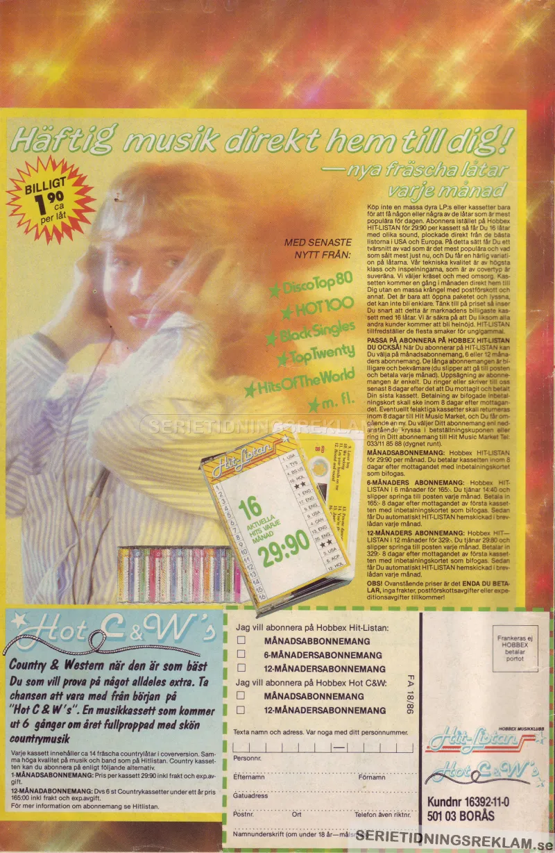Reklam för musikkassetten Country & Western som gick att beställa hem via posten