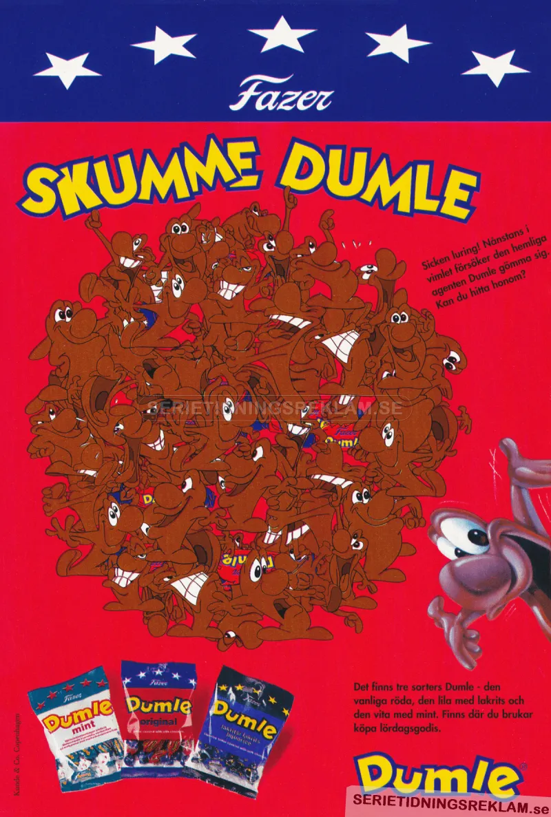 Reklam för tre olika sorters Dumle, med en tävling och den nya maskoten