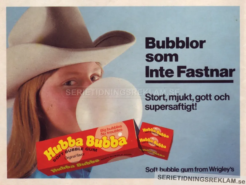 Annons med en tjej som blåser en stor tuggummibubbla av märket Hubba bubba