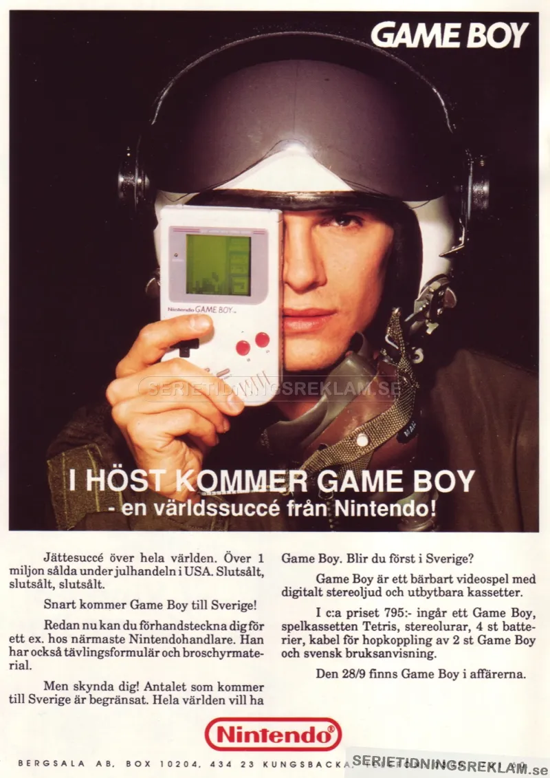 Annons för Nintendos nya bärbara videospel med utbytbara kassetter som släpps i affärer 28 september: GameBoy