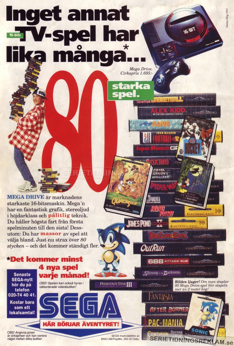 Reklam för spelkonsollen SEGA som visar upp en stapel av alla deras utkomna spel samt maskoten Sonic The Hedgehog