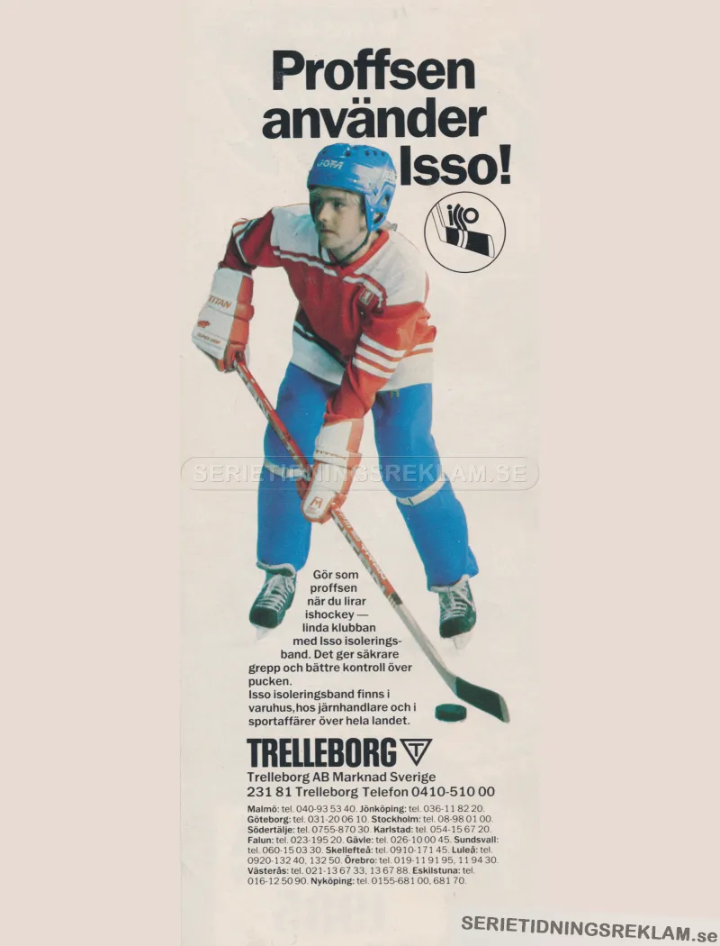 Reklam för Isso isoleringsband, den svarta tejp som man kan linda in nederdelen av ishockeyklubban för bättre grepp