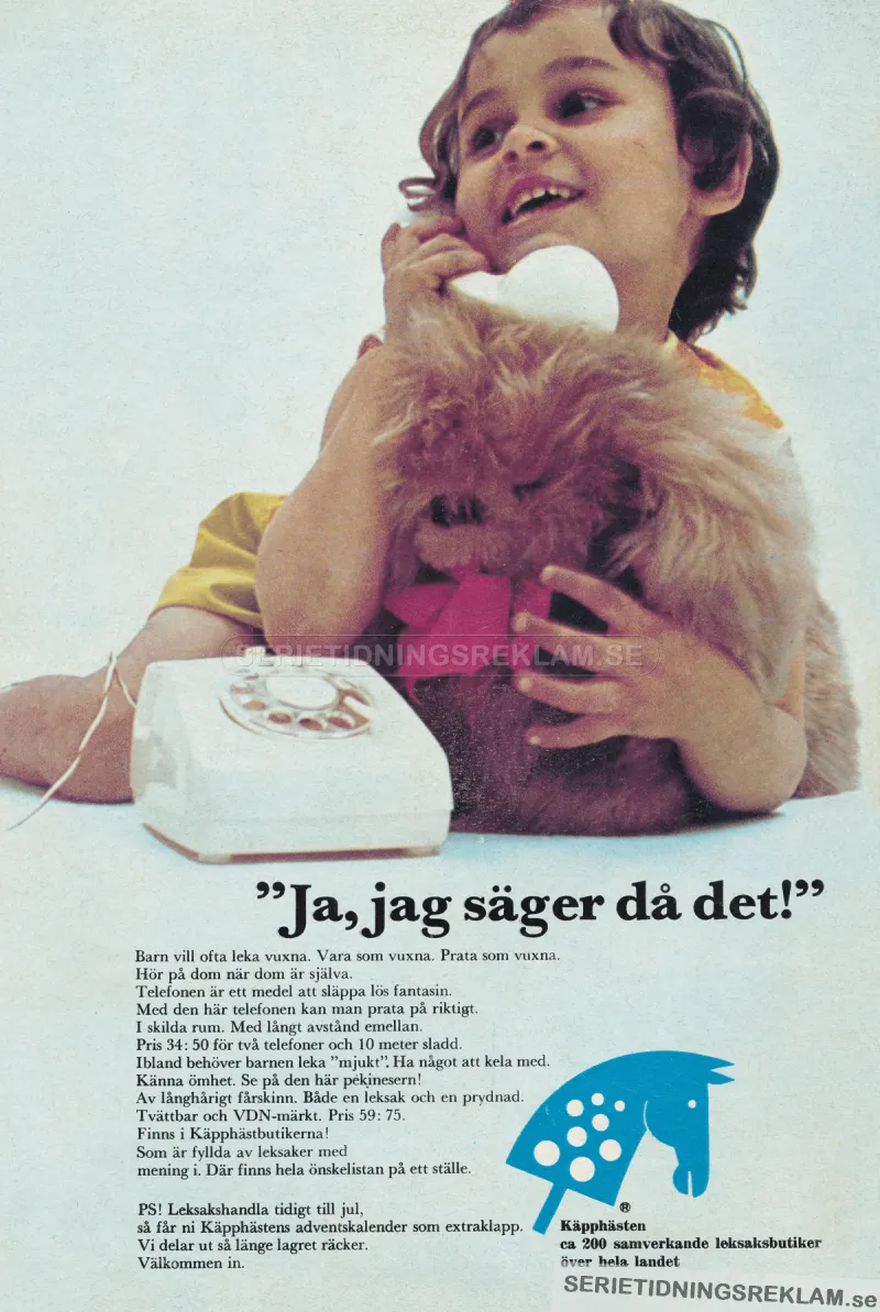 Reklam för leksaker från Käpphästen, en telefon och en leksakshund