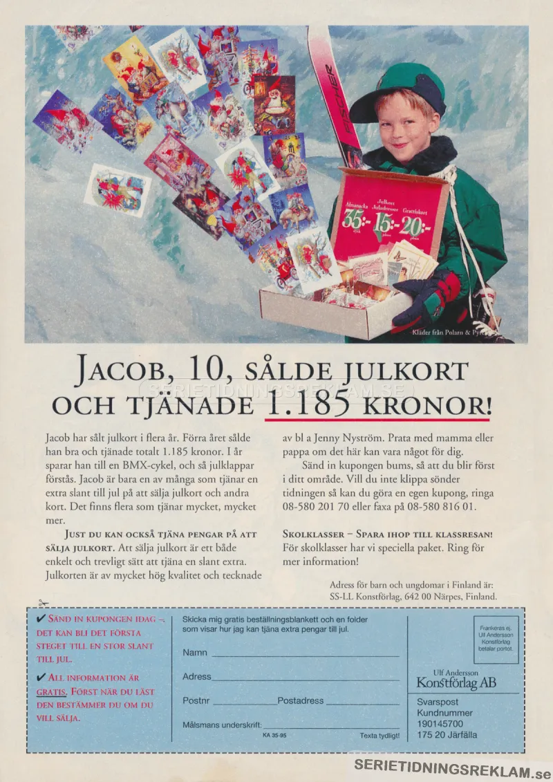 Reklam för Ulf Andersson Konstförlag som ger ungdomar möjlighet att tjäna lite extra pengar genom att sälja julkort