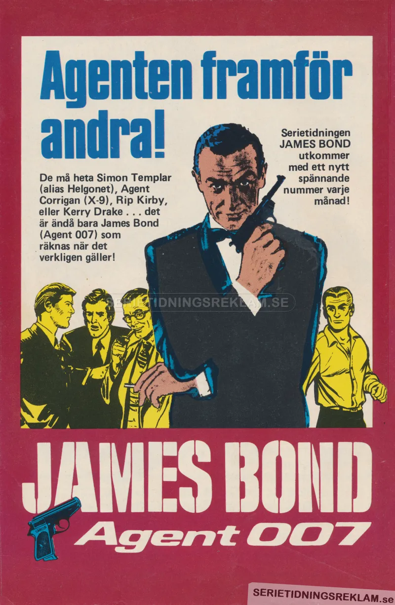 Reklam för serietidningen James Bond med en bild på agenten framför ett gäng andra kända seriefigurer