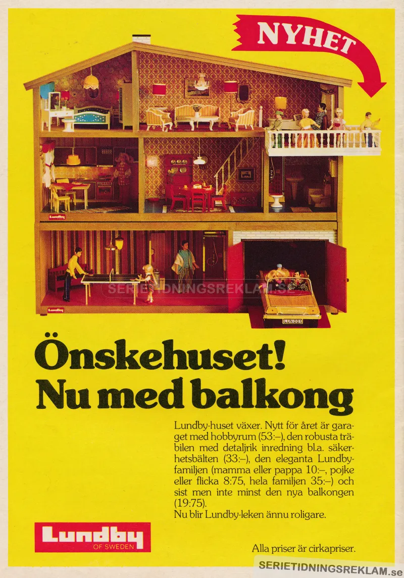 Reklam för Lundby dockhus där såväl nyheten balkong visas upp samt källare med garage
