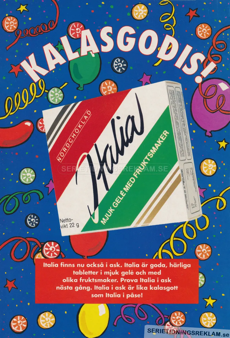 Reklam för godiset Italia som nu även kommit i tablettask