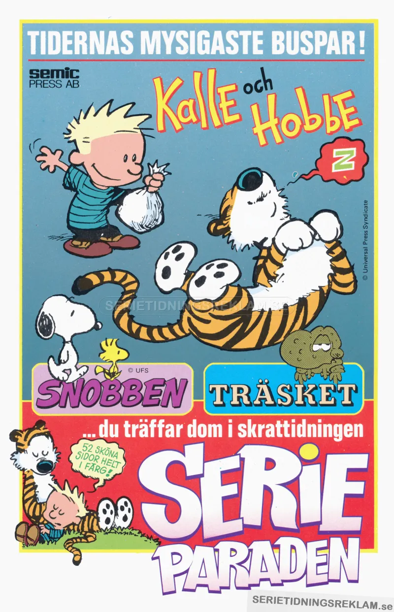 Internreklam för serietidningen Serieparaden med bland annat Kalle & Hobbe samt Träsket