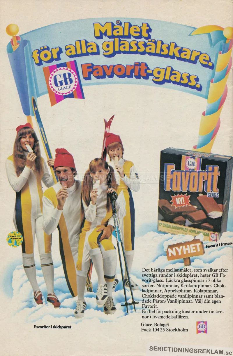 Annons för produkten Favoritglass från GB där man har en familj i skidutrustning som äter glass