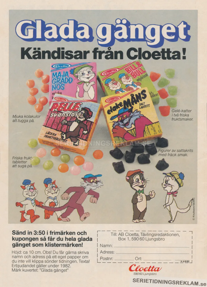 Reklam för tabletteraskar från Cloetta med motiv av Pelle Svanslös och de andra figurerna i sagan