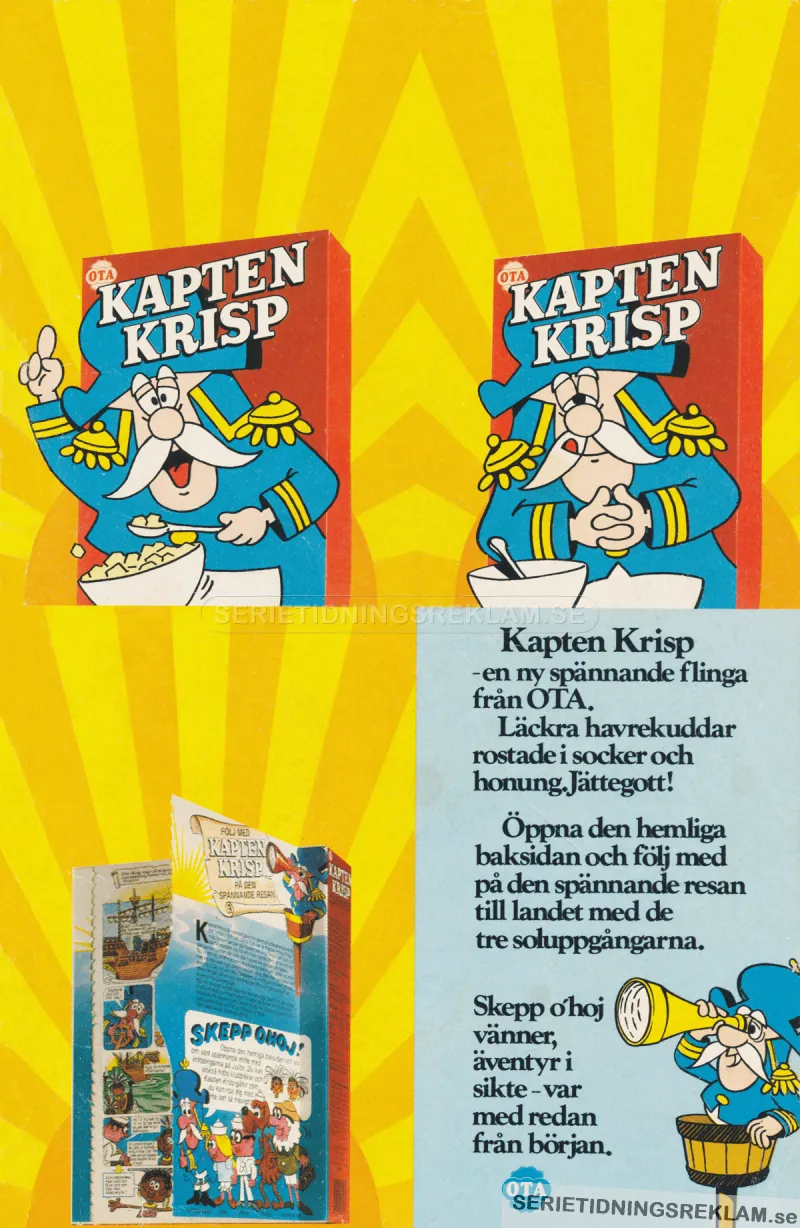 Reklam för frukostflingar Kapten Krisp, läckra havrekuddar rostade i socker och honung