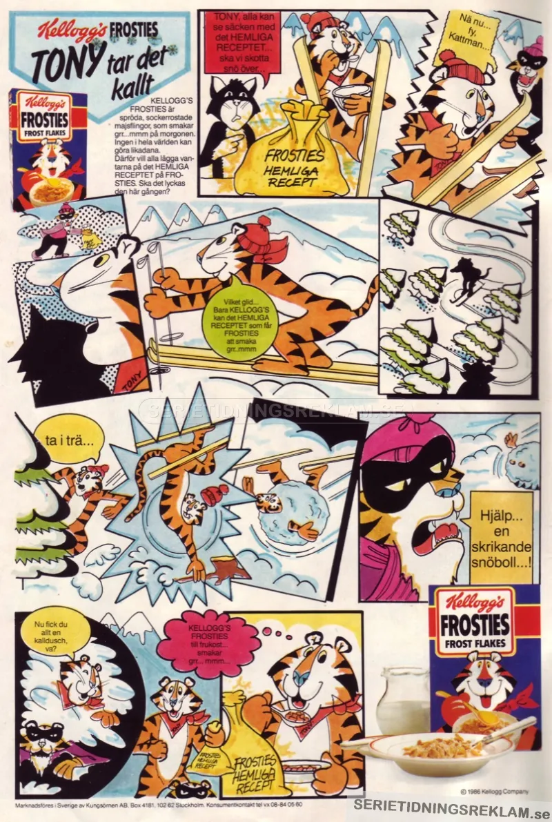 Seriestripp med Tony Tiger som är ute i skidbacken och överrumplar sin fiende Kattman
