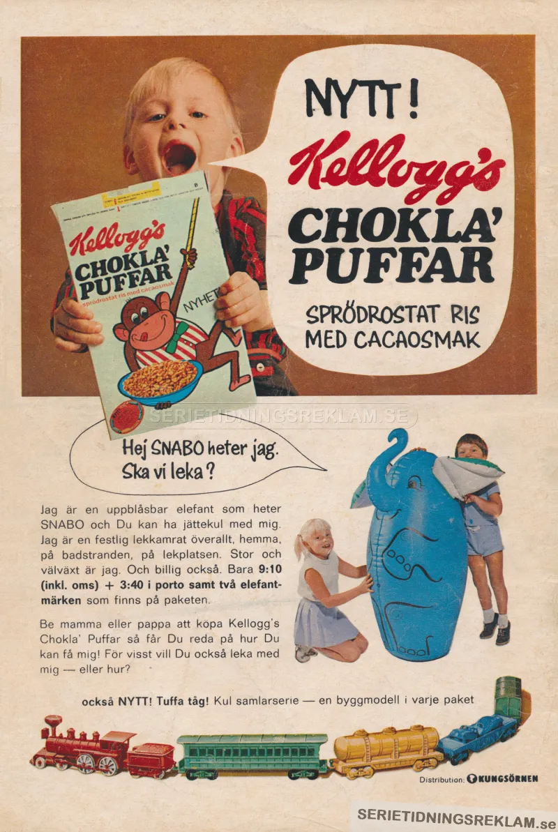 Reklam för frukostflingan Chokla' puffar från Kellogg's