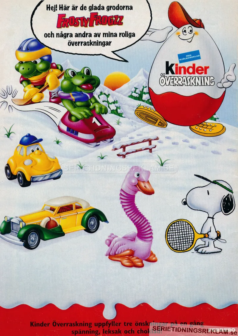 Reklam för Kinder-ägg de lyfter fram den nya leksaksserien Frosty Frogzz