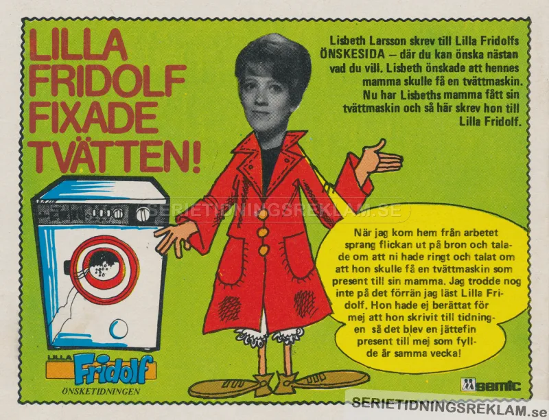 Annons för Lilla Fridolf och Önskeklubben där Lisbeth önskat en tvättmaskin till sin mamma