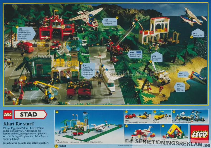 Annons för ett dussin nya LEGO-byggsatsar, här uppställda som om det vore i staden Palma med flygplats, brandbilar och båtar