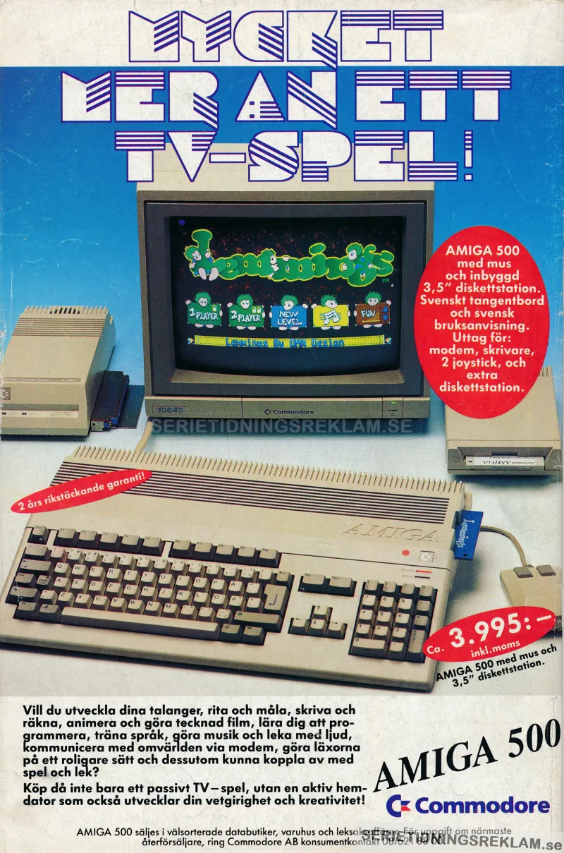 Reklam för Amiga 500 där man får se datorn och skärm där spelet Lemmings visas upp