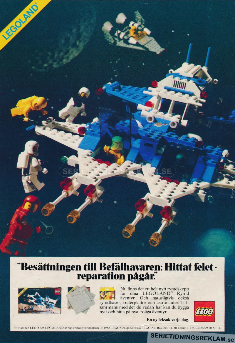 Annons för LEGO där ett rymdskepp i rymden gör reklam för Lego Rymd