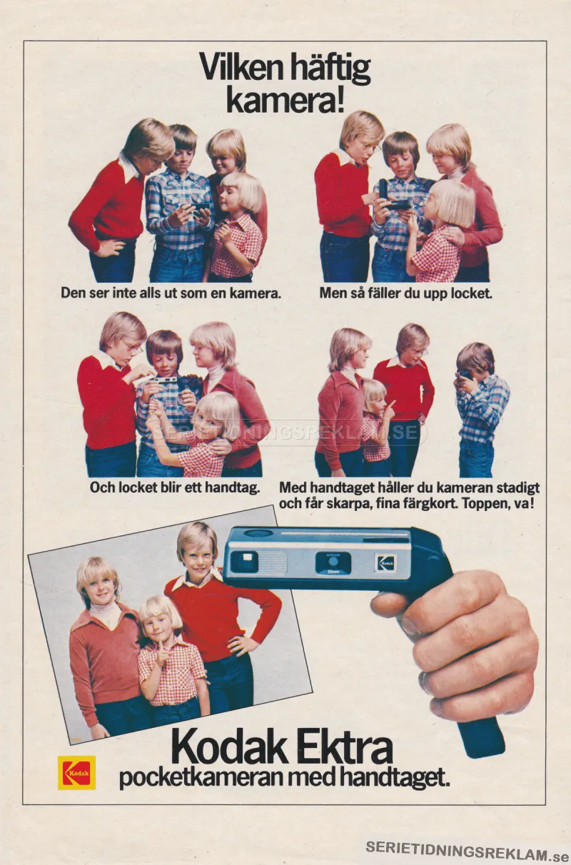 Reklam för Kodak Ektra, en liten och hantervänlig kamera med handtag