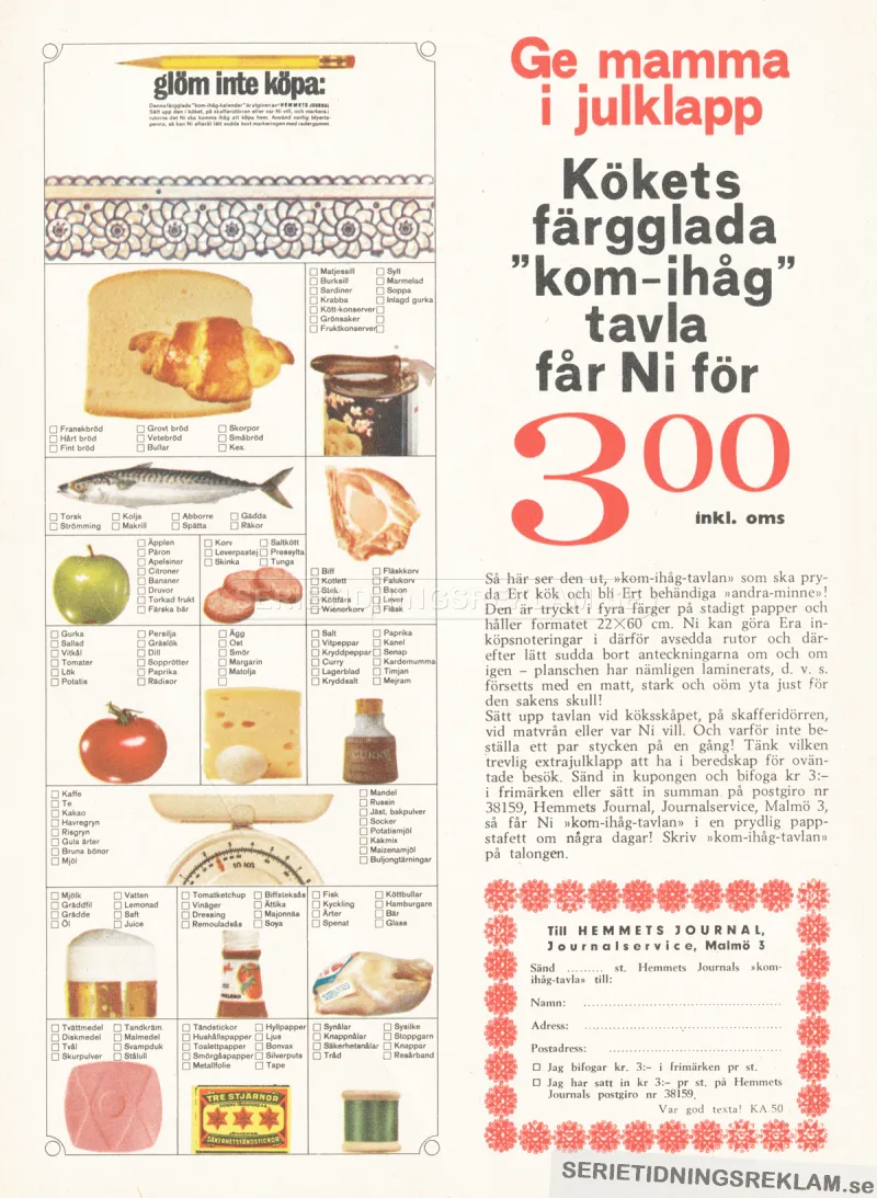 Reklam för en komihåg-tavla som barn tipsas om att ge sin mamma i julklapp