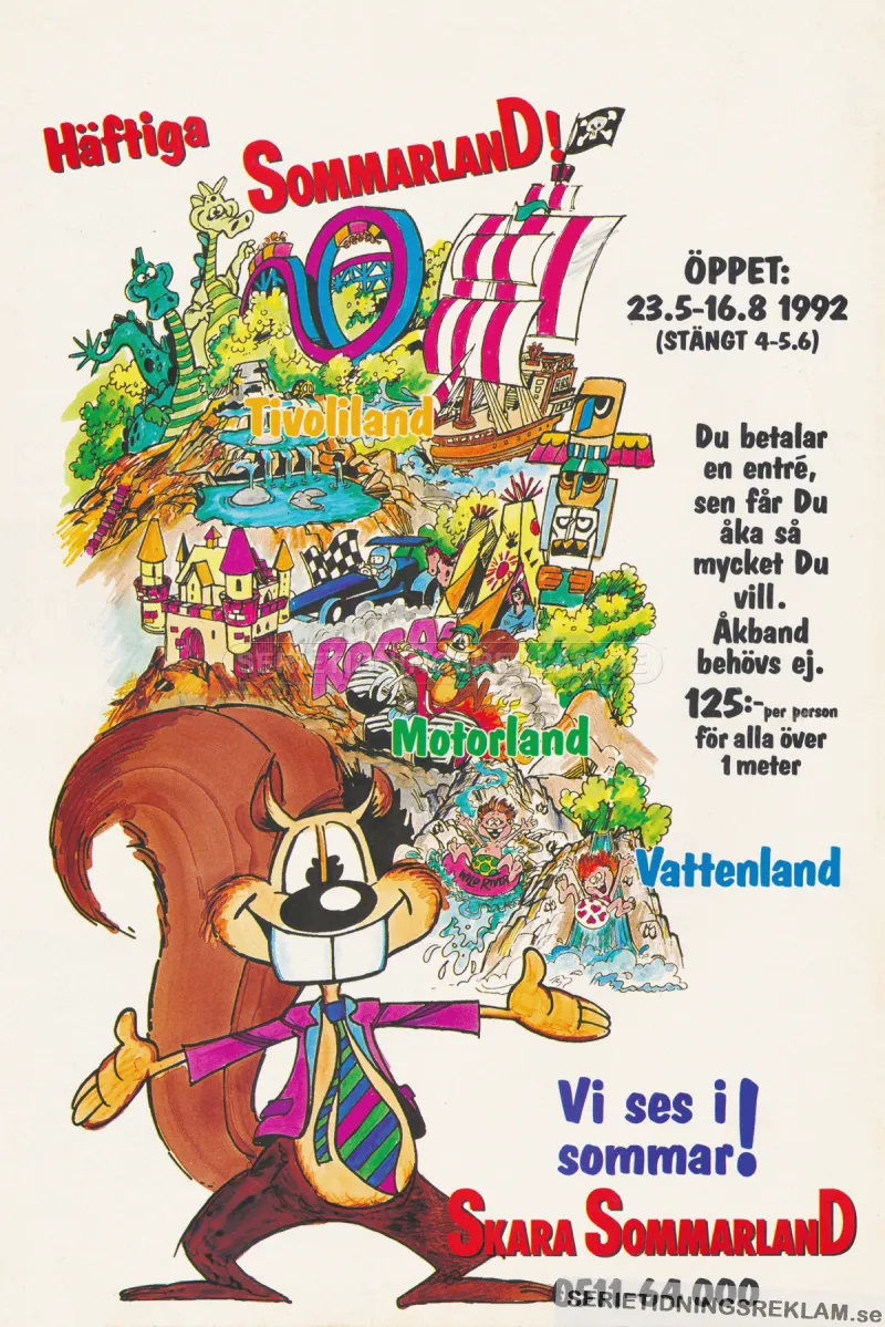 Reklam för Skara Sommarland, en illustration över parken och dess aktiviteter