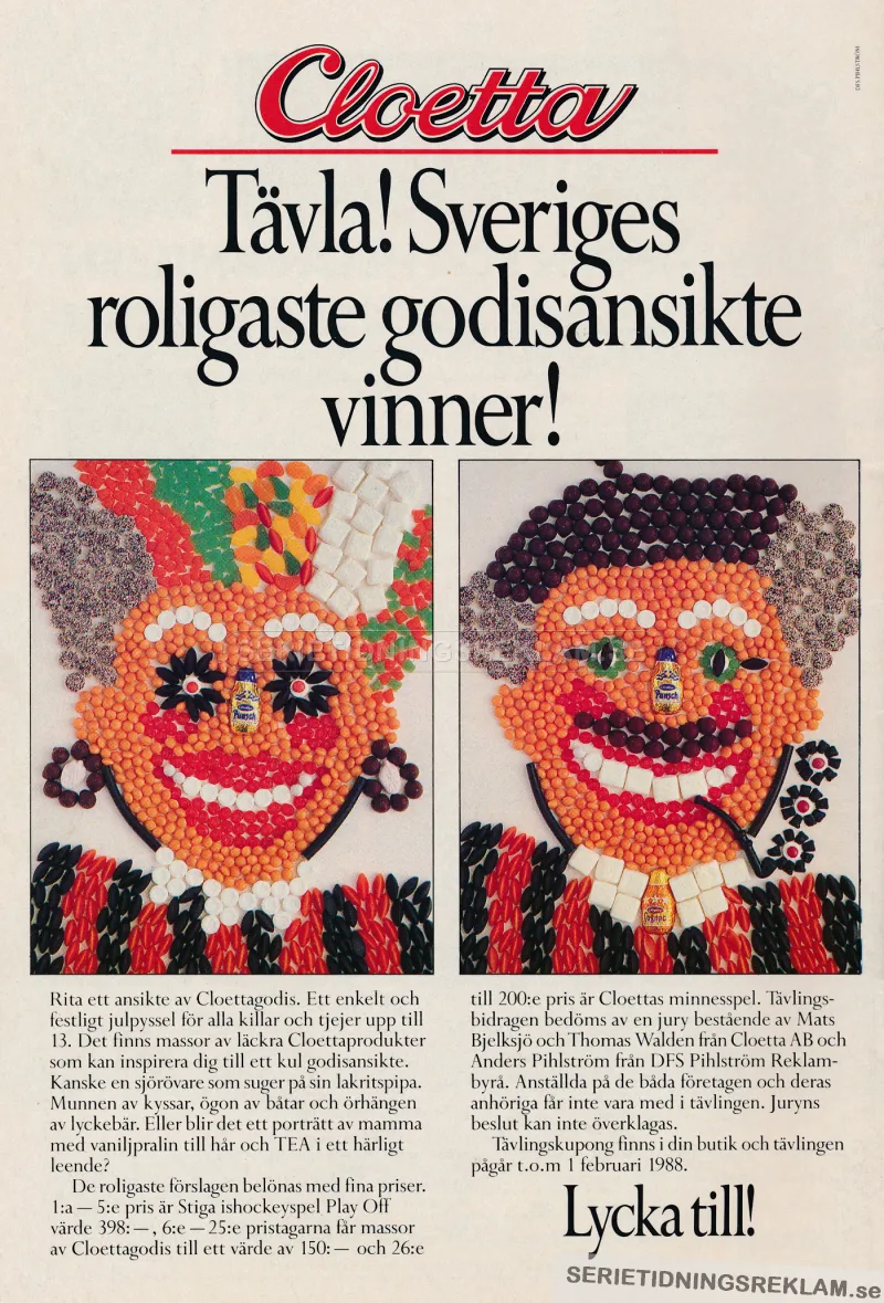 Tävlingsannons för Cloetta där två ansikten uppbyggda med godisbitar gör reklam för en tävling att göra Sveriges godaste godisansikte utifrån godisbitar från Cloetta