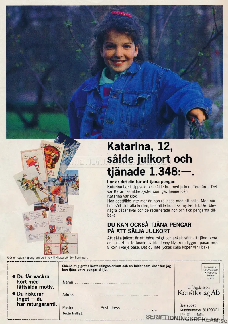 Reklam för att sälja julkort. En flicka vid namn Katarina poserar för kameran med information om hur man ska kunna sälja kort.