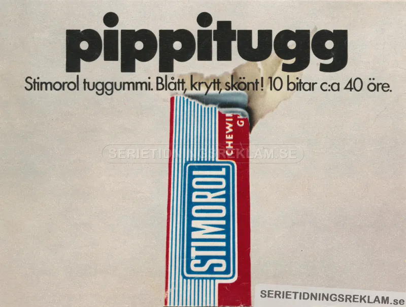 Annons för Stimorol tuggummit. Bilden visar en öppnad förpackning med tuggummi.